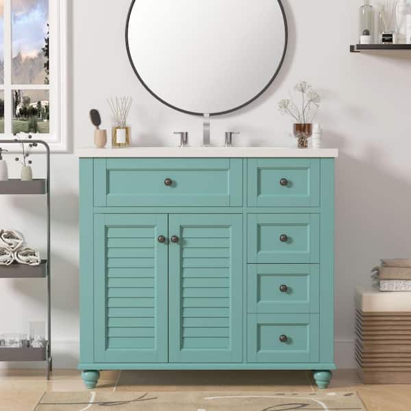 EPOWP 36 in. W x 18 in. D x 33 in. H Single Sink Freestanding Bath Vanity in Green with White Resin Top and Cabinet