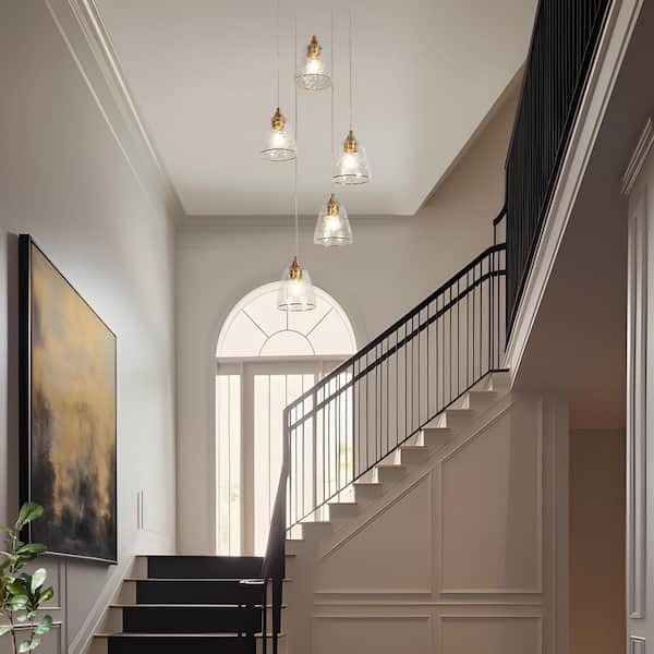Aurabe 5-Light Plated Brass Cluster Chandelier for Stairwell Entryway, Modern Living Room Pendant with Textured Glass