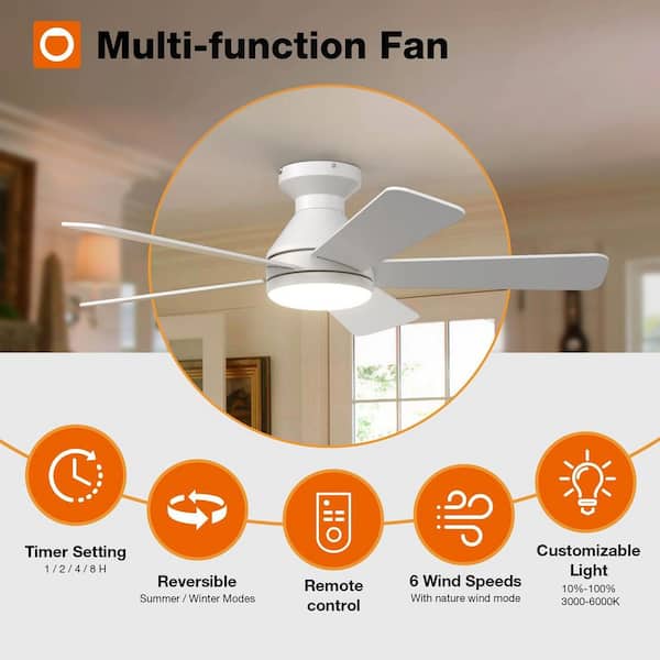 42 in. Indoor White Flush Mount Low Profile Ceiling Fan with Integrated LED Light and Remote Control