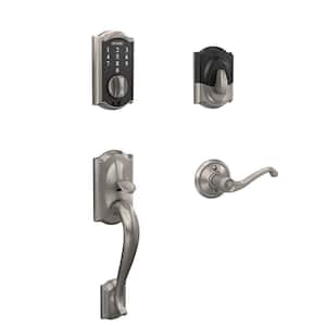 Camelot Satin Nickel Electronic Touch Keyless Deadbolt with Thumbturn and Entry Door Handle with Left-Hand Flair Handle