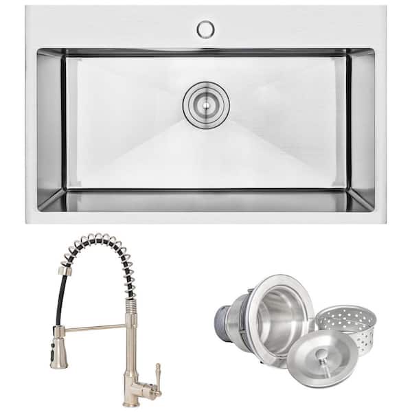 Handmade All-in-One Stainless Steel 33 in. x 22 in. Single Bowl Drop-in Kitchen Sink and Spring Neck Kitchen Faucet