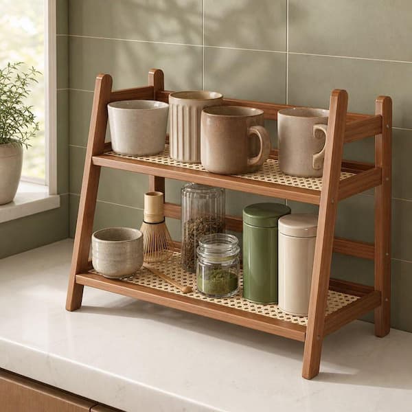 Brown Bamboo 2 Tier Mug Holder Countertop, Coffee Station Organizer Kitchen Counter Shelf for Tea Coffee Bar Accessories