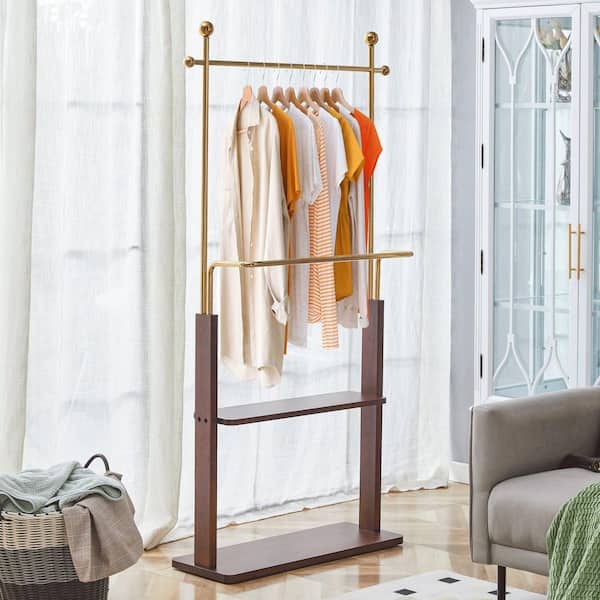 Walnut/Golden Coat Rack with Solid Wood Partition and Stainless Steel Hanger