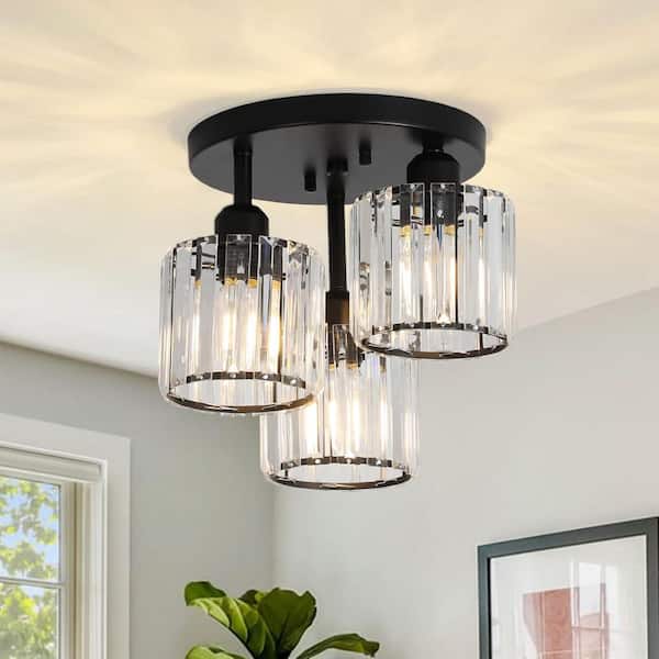 11 in. 3-Light Matte Black Industrial Semi-Flush Mount With Clear Crystal Shades for Kitchen Bedroom No Bulbs Included