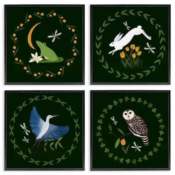 Stupell Industries Animals with Circular Wreaths by Michelle Ingari Designs 4-Pieces Black Framed Animal Giclee Art Print 17 in. x 17 in.