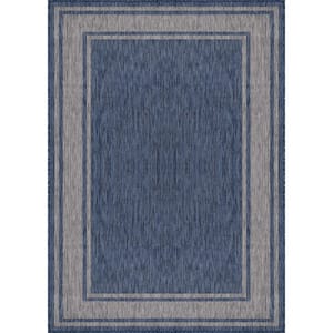 Essence Navy/Silver 8 ft. x 10 ft. Bordered Easy to Clean Indoor Outdoor Area Rug
