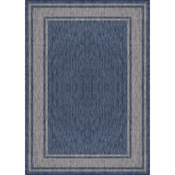 Essence Navy/Silver 8 ft. x 10 ft. Bordered Easy to Clean Indoor Outdoor Area Rug