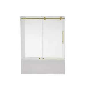 Villena 60 in. W x 58 in. H Single Sliding Frameless Tub Door in Brushed Gold with Clear Glass