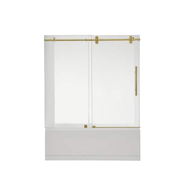 ROSWELL Villena 60 in. W x 58 in. H Single Sliding Frameless Tub Door in Brushed Gold with Clear Glass