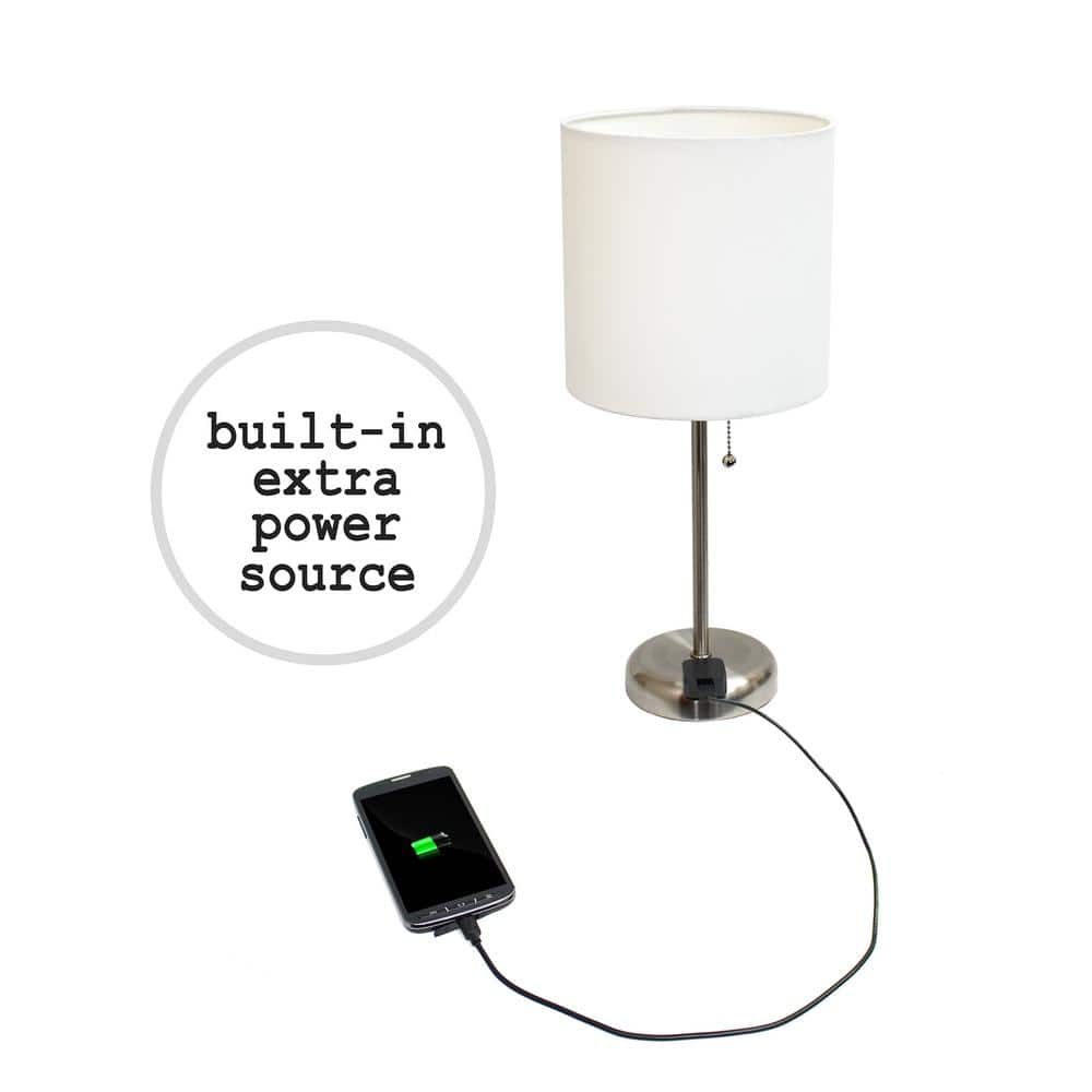 White Fabric Shade Brushed Steel Stick Table Lamp Set with Charging Outlet