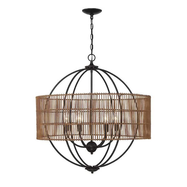 Savoy House Florasian 28 in. W x 30 in. H 6-Light English Bronze Statement Pendant Light with Rattan Shade