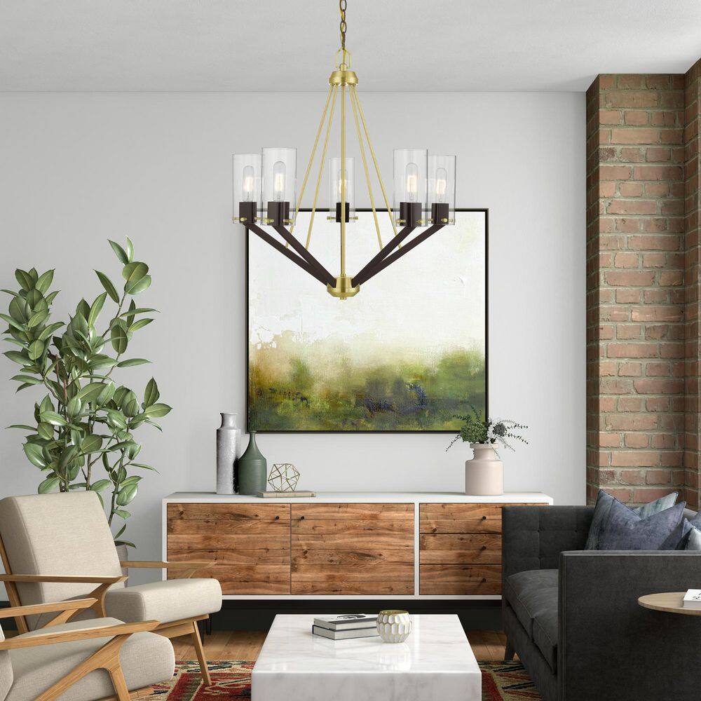 Satin Brass and Bronze 5-Light Mid-Century Modern Chandelier