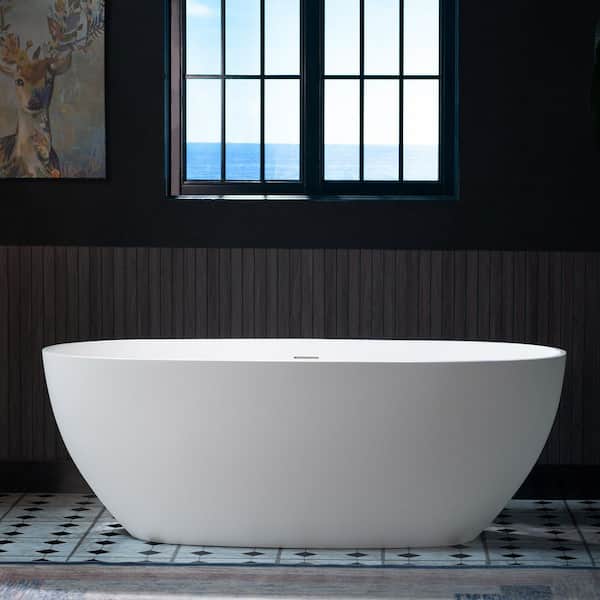 63 in. x 28.25 in. Solid Surface Stone Resin Freestanding Soaking Bathtub With Center Drain in White