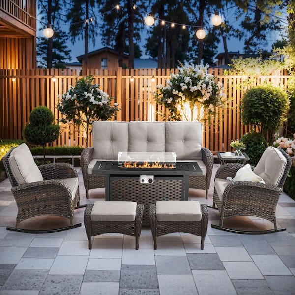 Bellefurn Rotavia 7-Piece Brown Wicker Outdoor Rectangular Fire Pit Table Patio Conversation Seating Set with Beige Cushions