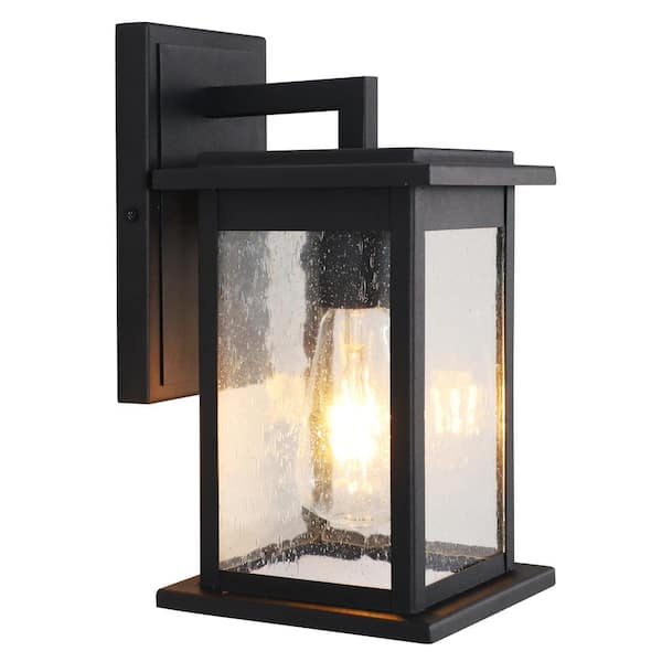 pasentel 11.75 in. 1-Light Black Outdoor Hardwired Wall Lantern Scone with Clear Seeded Glass