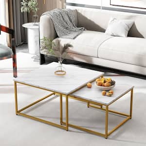 31.49 in. L Marble White 17.32 in. H Square MDF Modern Nesting Coffee Tables Set with 2-Pieces