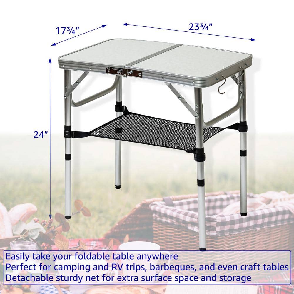 Compact Silver Aluminum Folding Camp Table with Storage Net