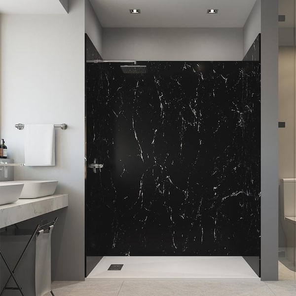 Dark empress 36 in. x 60 in. x 84 in. Solid Composite Stone Alcove Shower Kit with Walls and White Pan Base L/R Drain