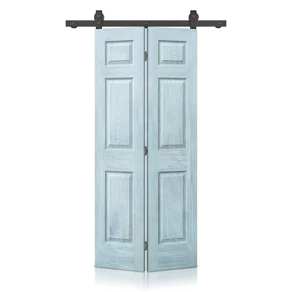 CALHOME 24 in. x 80 in. Vintage Denim Blue Stain 6 Panel MDF Composite Hollow Core Bi-Fold Barn Door with Sliding Hardware Kit