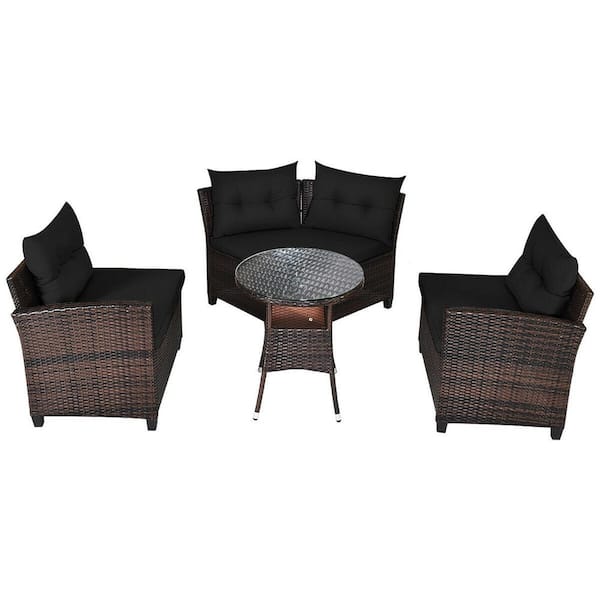 FORCLOVER 4-Piece Wicker Patio Conversation Set with Black Cushions