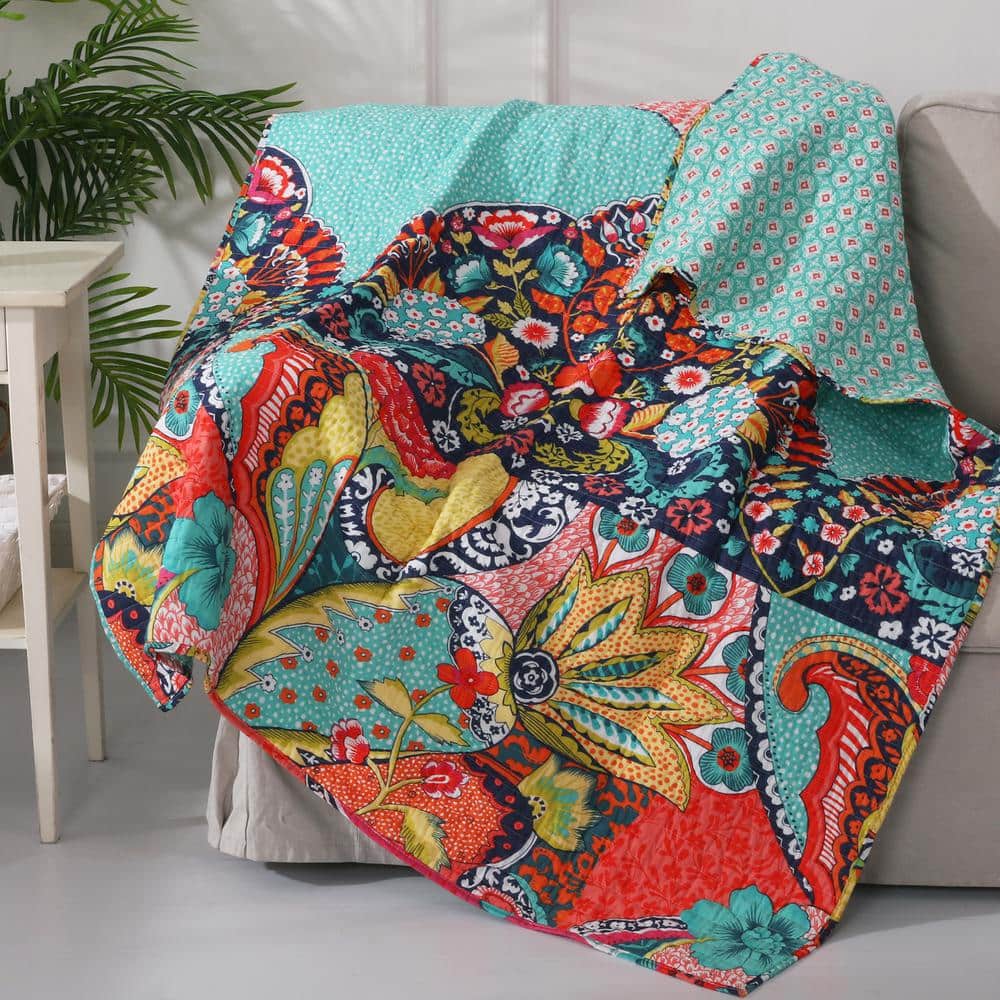 Exotic Bazaar Cotton Quilted Throw 50x60 in - Reversible, Colorful Medallion