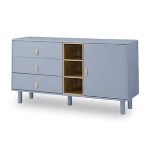 Blue 30 in. H Wood Storage Cabinet with Doors and 3 Drawers,Modern Chest of Drawers with Leather Handle,Storage Shelves