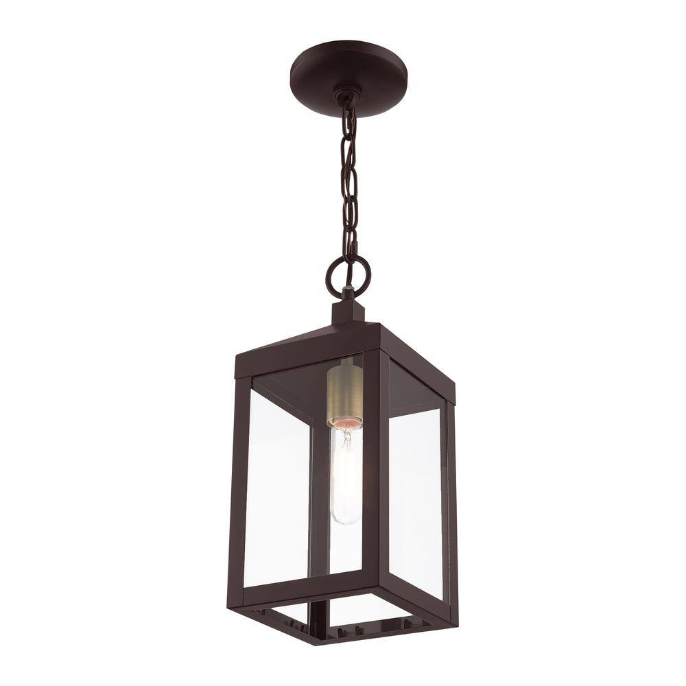 Nyack Bronze and Antique Brass 1-Light Outdoor Pendant with Clear Glass