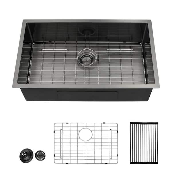Logmey 32 in. Undermount Sink Single Bowl 16 Gauge Gunmetal Black Stainless Steel Kitchen Sink with Bottom Grids