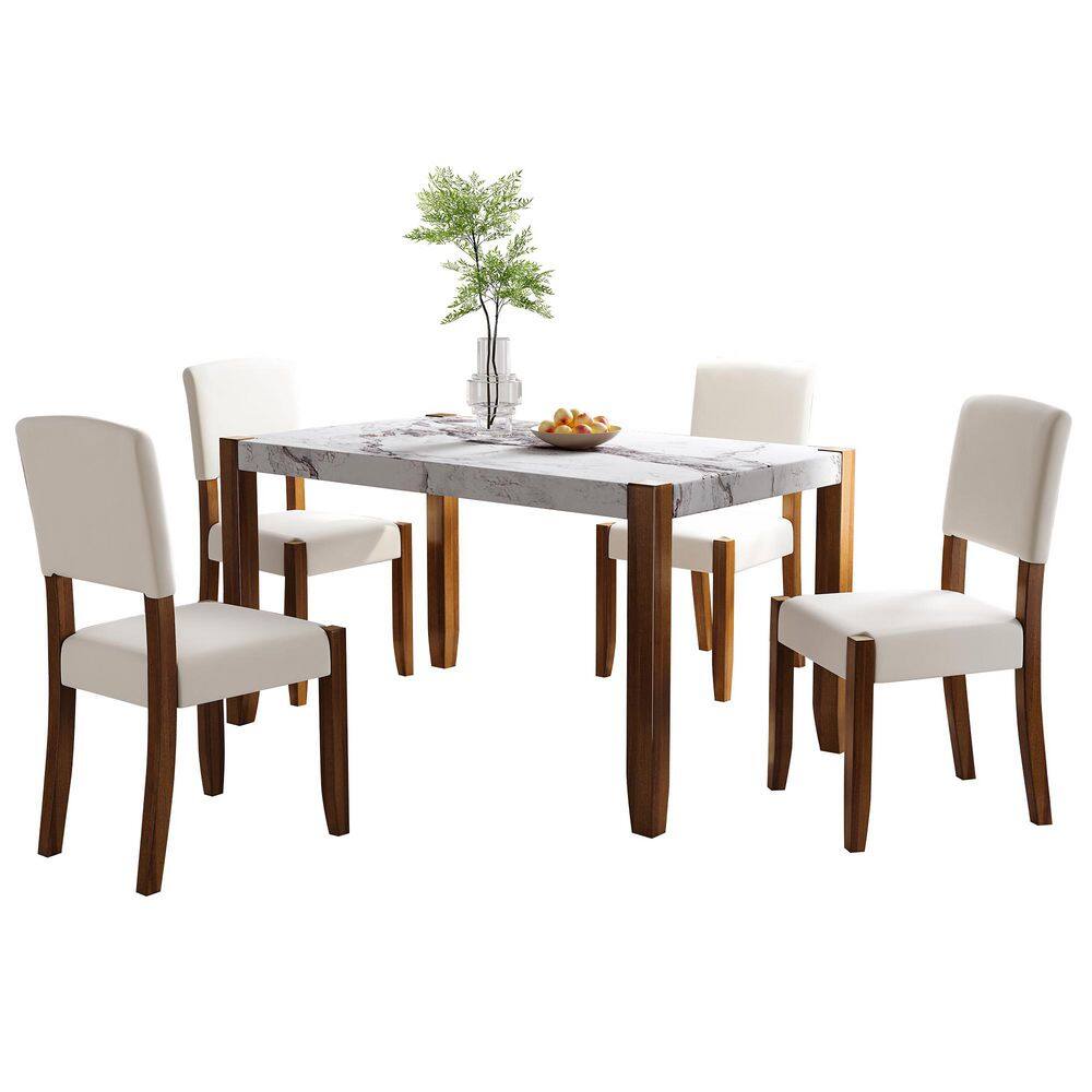 5-Piece Rectangular Off White Wood Top Dining Table Set Seats 4 with 4 Upholstered Chairs with Solid Rubberwood Legs