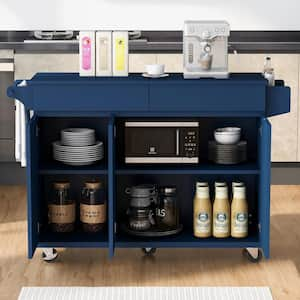 Oasis Navy Blue Wood 53.2 in. Kitchen Island with Drop Leaf, Kitchen Storage Cart with Spice Rack, Towel Rack