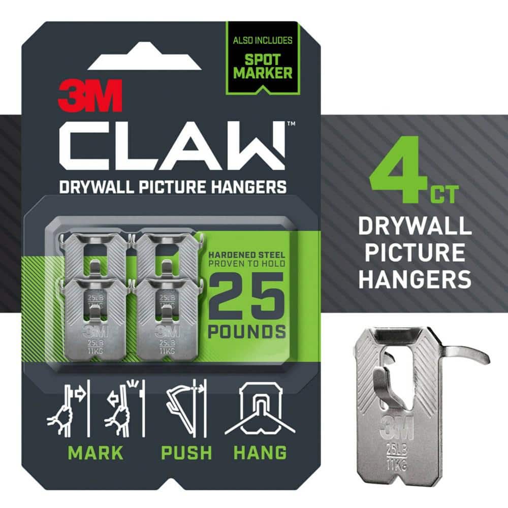 3M™ CLAW Drywall Picture Hanger with Temporary Spot Marker 3PH25M-4EF,  Holds 25 lbs, 4 Hangers 4 Markers/Pack