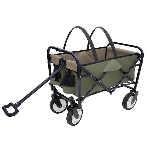 Sudzendf Army Green 3 cu. ft. Steel Garden Cart with Strapping System, Collapsible Foldable Wagon Car