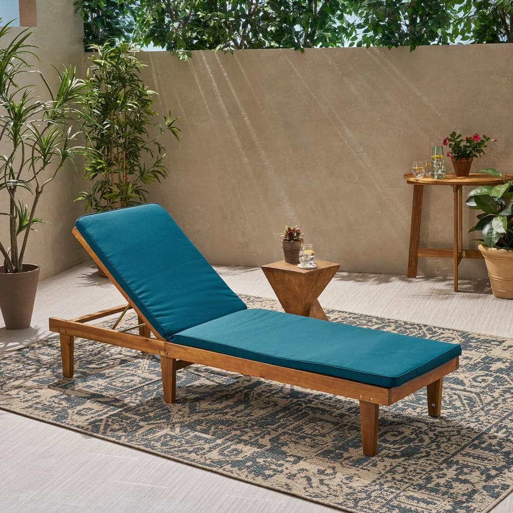 Nadine Teak Brown 1-Piece Wood Outdoor Patio Chaise Lounge with Blue Cushions -  Noble House, 68666