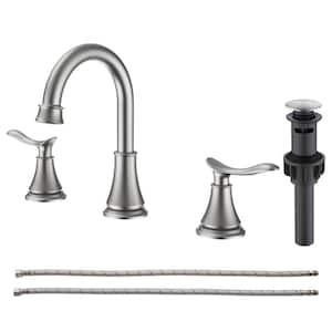 Deck Mount 360-Degree Double Handles 8 in. Widespread Double Handle Bathroom Faucet with Drain Kit in Brushed Nickel