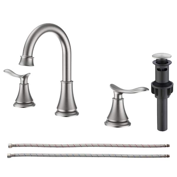 Fapully Deck Mount 360-Degree Double Handles 8 in. Widespread Double Handle Bathroom Faucet with Drain Kit in Brushed Nickel