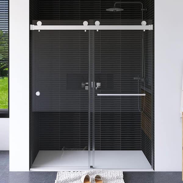 59 in. W x 72 in. H Sliding Frameless Shower Door in Nickel Finish with Clear Glass