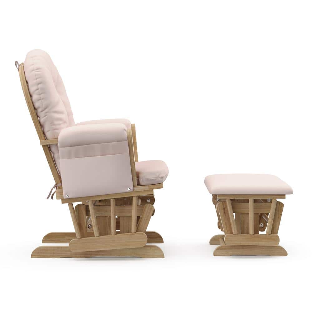 Natural Wood Nursery Glider and Ottoman with Pink Cushions