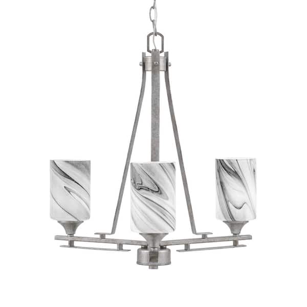Unbranded Ontario 17.5 in. 3-Light Aged Silver Geometric Chandelier for Dinning Room with Onyx Swirl Shades, No Bulbs Included