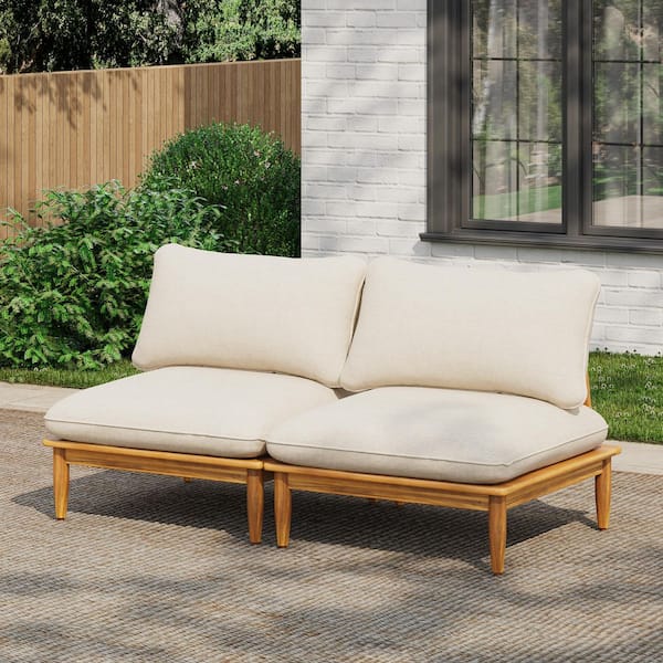 Sacova Armless Solid Wood Patio Outdoor Lounge Chairs with Beige Cushions, Teak Finish Frame, Set of 2