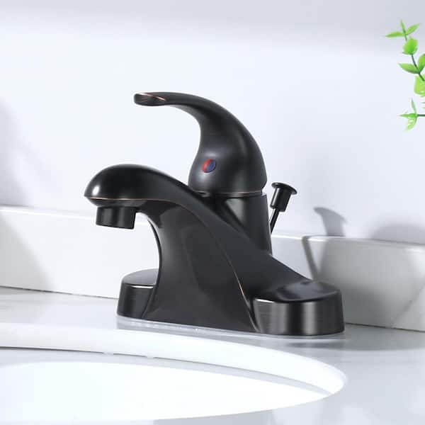 Durable 4 in. Centerset Single Handle Mid Arc Bathroom Faucet with Lift Rod Drain and Supply Lines in Oil Rubbed Bronze