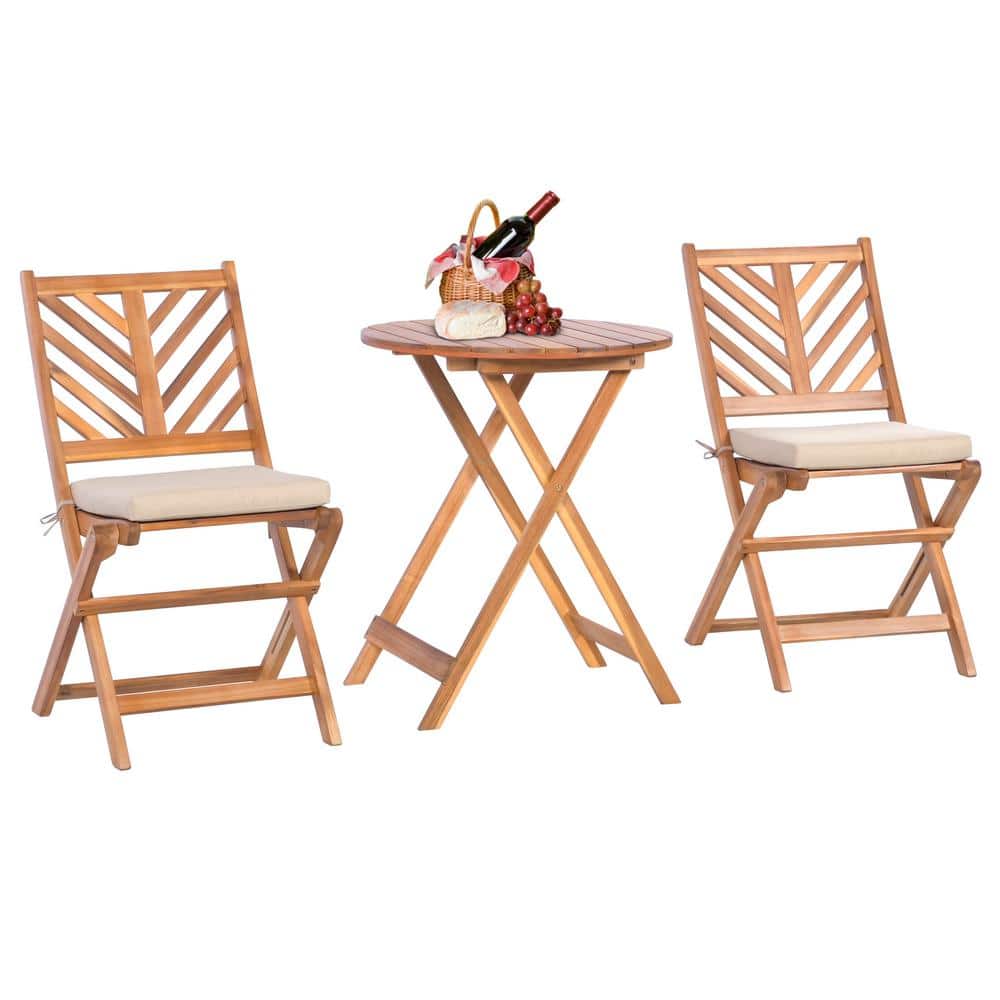 Acacia Wood 3-Piece Patio Set with Beige Cushions