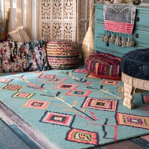 Belini Moroccan Southwestern Symbols Turquoise 5 ft. x 8 ft. Area Rug