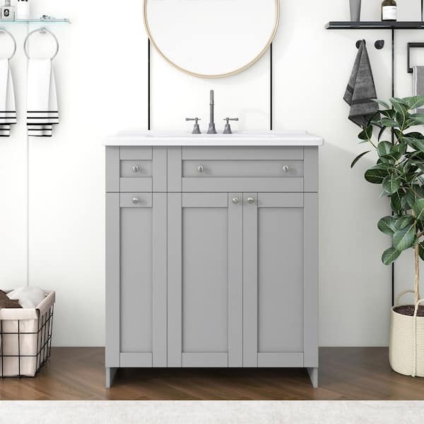 FAMYYT 30 in. Single Sink Freestanding Gray Bath Vanity with White Ceramic Top and Double-Tier Deep Drawer