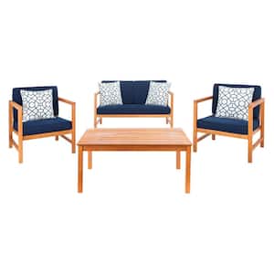 Montez Natural 4-Piece Wood Patio Conversation Set with Navy Cushions and White Geometric Pillows