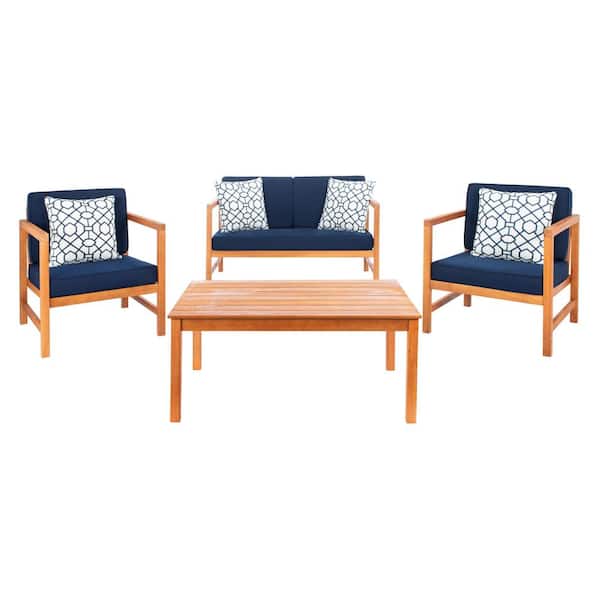 SAFAVIEH Montez Natural 4-Piece Wood Patio Conversation Set with Navy Cushions and White Geometric Pillows