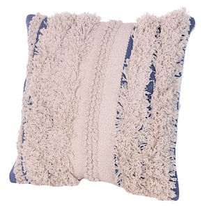 Beige and Blue Woven Yarn Handcrafted Soft Shaggy Cotton Accent 18 in. x 18 in. Throw Pillow (Set of 2)