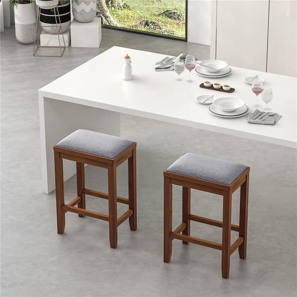 Walnut Upholstered Bar Stools Wooden Counter Height Dining Chairs (Set of 2)
