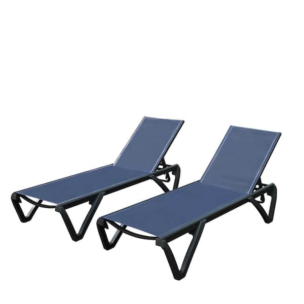 Clihome Aluminum Plastic Navy Blue Patio Chaise LoungeSet of 2 with 5 Position Adjustable Backrest and Wheels