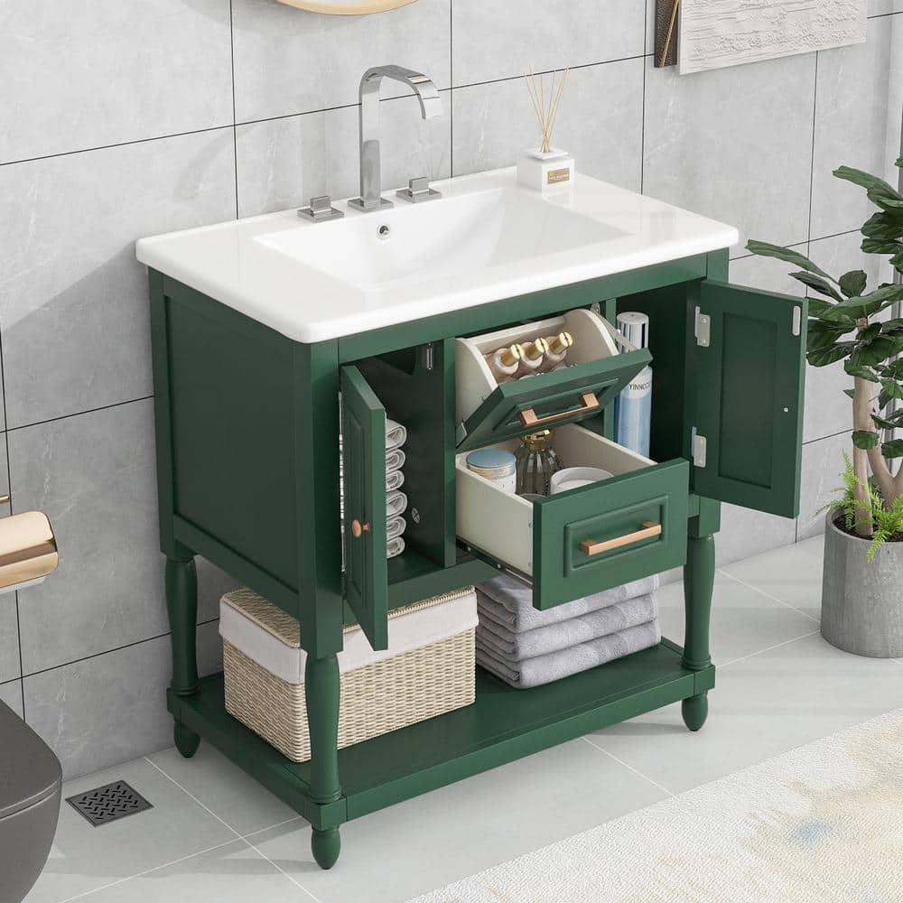 Magic Home 30 in. Minimalism Freestanding Bathroom Vanity Green Storage ...