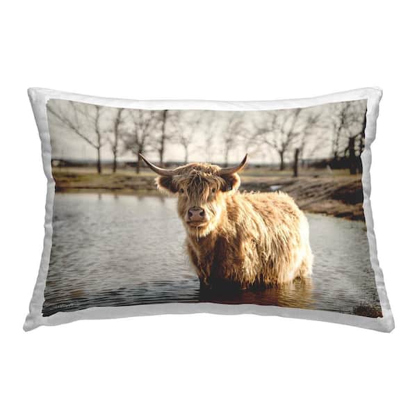 Stupell Industries Swimming Highland Cattle Tan Print Polyester 14 in. x 20 in. Throw Pillow